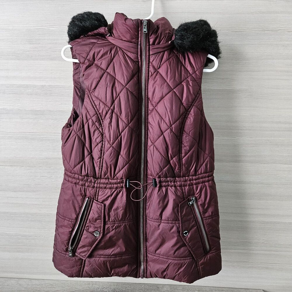 Michael‎ Kors Active Puffer Faux Fur Hood Vest Women M Maroon Nylon Zip Quilted